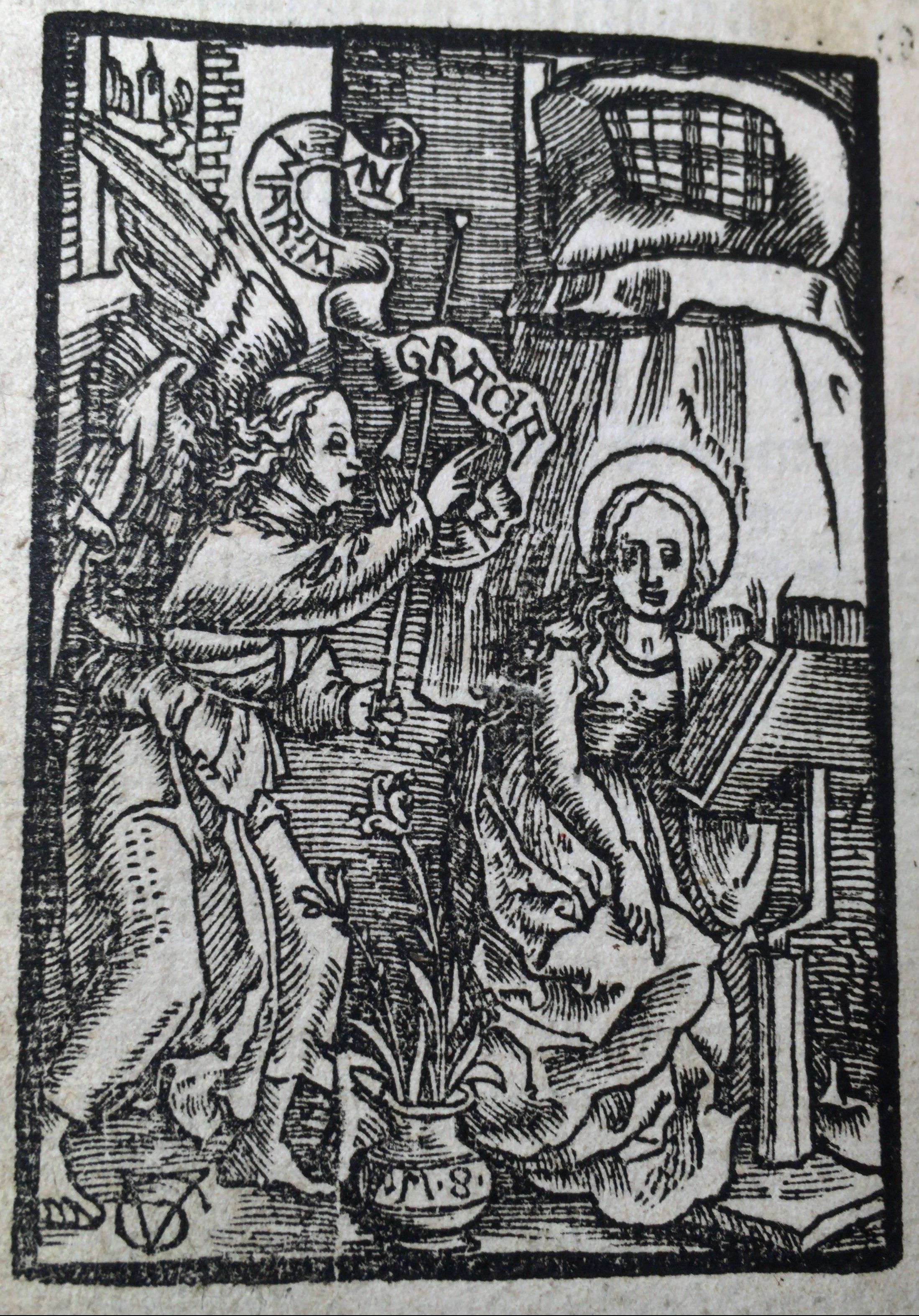 Woodcut of the Annunciation by Urs Graf with his "VG" monogram and the initials "F.M.S." from leaf c1v of "Seelengärtlein" (Basel?: Pamphilus Gengenbach?, between 1515 and 1520?).