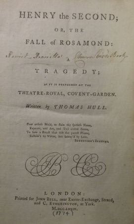 Title leaf of Thomas Hull's "Henry the Second" (1774) with ms. ownership inscription of Harriet Chambers