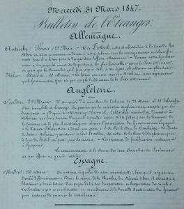 Havas news bulletin from 1847 the Bulletin de l'Etranger
