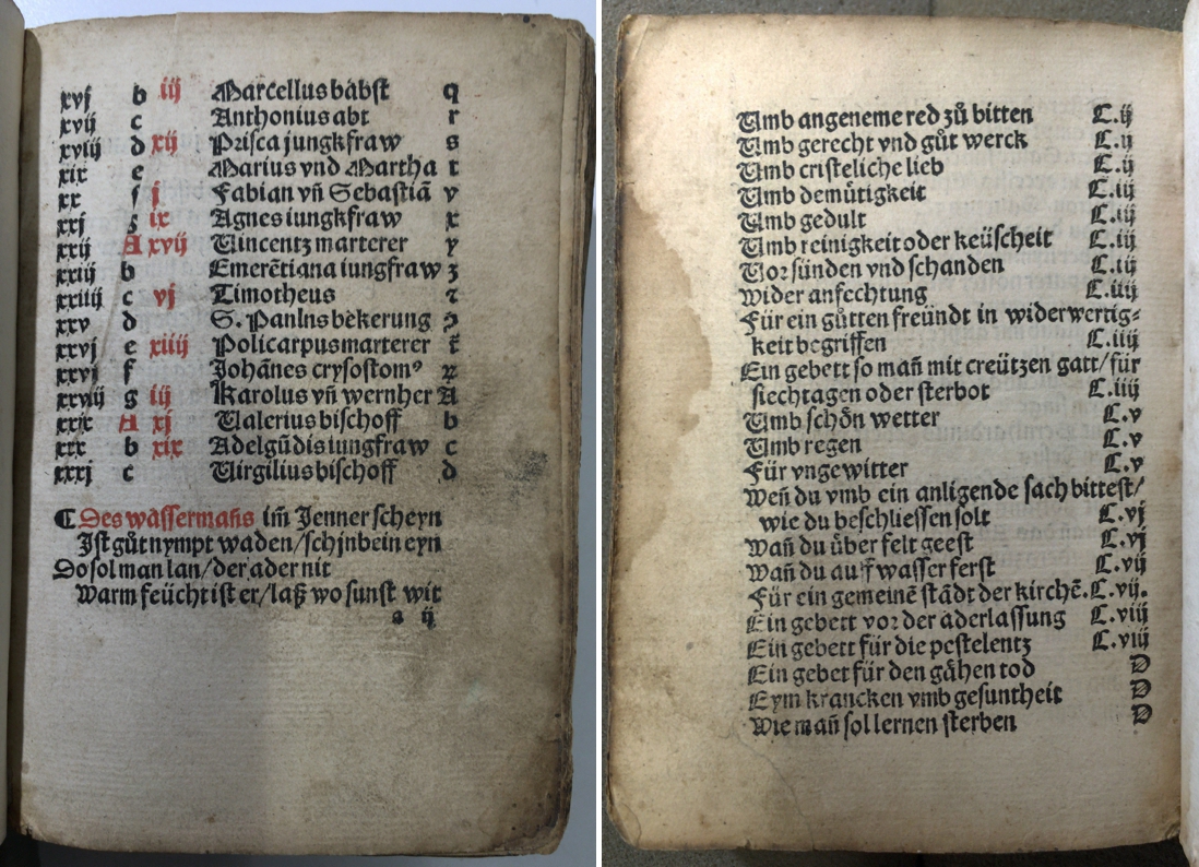First and last extant pages of "Seelengärtlein" (Basel?: Pamphilus Gengenbach?, between 1515 and 1520?): leaves a2r (left) and H9v (right).